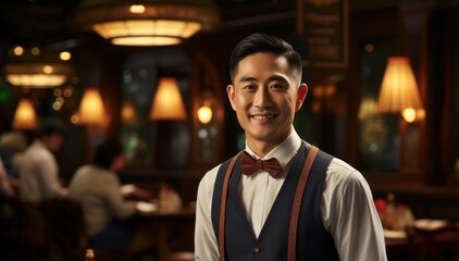 Asian Man Waiter Professional Backdrop Generative AI - obrazy, fototapety, plakaty