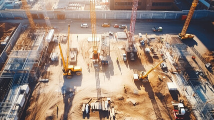 Aerial top view of construction site with cranes - obrazy, fototapety, plakaty
