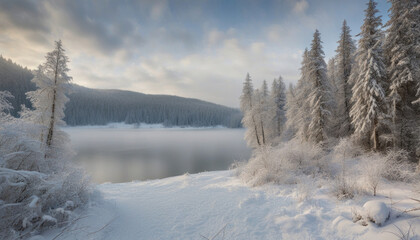Winter Forest in the Carpathians on Lake Vito