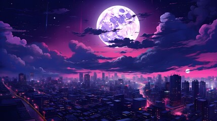 anime landscape view of tokyo city at night - obrazy, fototapety, plakaty