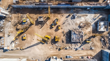 Aerial top view of construction site with cranes