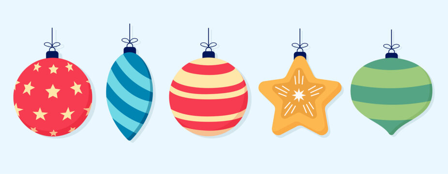 Holiday Ornaments Set. Christmas And New Year Decorations. Colorful And Modern In Various Shapes With Stars, Stripes, And Lines. Vector Illustration.