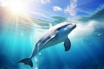 Dolphins are in the clear and beautiful sea water. This is the result of our efforts to protect the natural environment of the ocean. Concept for environment ,  conservation activities and marine life