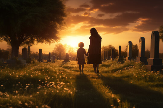 Mother and Child Silhouette in Serene Cemetery at Sunset
