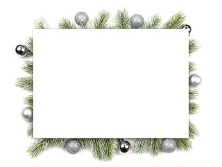 christmas frame with silver balls and fir branches
