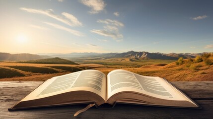 Books on wooden table with nature, old books, educational background