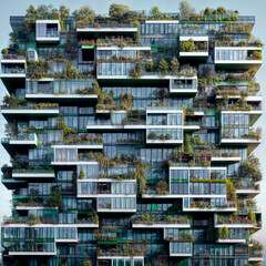 A green city showing a futuristic building facade with green walls, greenery