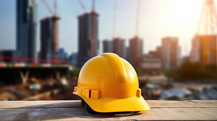 Helmet in construction site and construction site worker background safety first concept