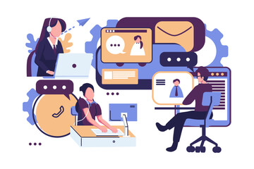 online asistance on the work, working together at company flat vector illustration