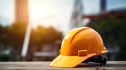 Helmet in construction site and construction site worker background safety first concept