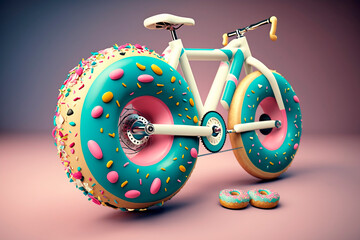 Sweet diet. Fat bike with wheels in shape of donuts with sprinkles. Concept of weight loss and sweets, balance of calories and sports. Image for article, blog, website about health and nutrition. - obrazy, fototapety, plakaty
