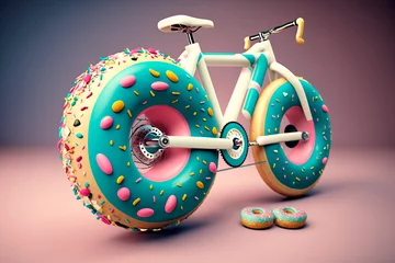 Foto op Plexiglas Sweet diet. Fat bike with wheels in shape of donuts with sprinkles. Concept of weight loss and sweets, balance of calories and sports. Image for article, blog, website about health and nutrition. © Yuliia