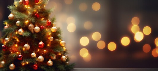 Fototapeta na wymiar Decorated Christmas tree on blurred background. AI Generative.