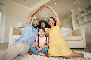 Roof hands, home family portrait and smile for safety security, real estate investment and house...