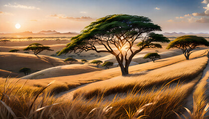 Sunrise savanna  grass fields in Africa 


