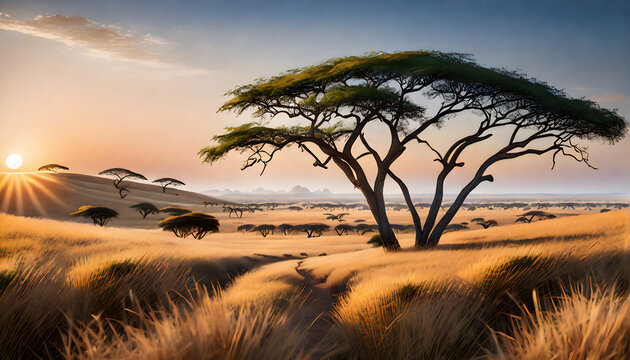 Sunrise savanna  grass fields in Africa 

