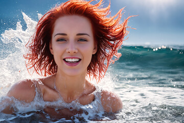 Obraz premium A young beautiful smiling girl with red hair is standing on the beach among the sea waves up to her chest in the water. The wind blows the hairstyle. Generative AI