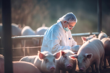 Veterinarian checks animal health on pig farm