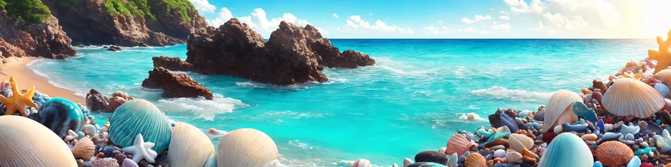 Fotobehang Panorama of ocean beach on a sunny day with big rock and many shells. Seascape illustration with sand beach, turquoise water and sky with white clouds. Generative AI © Aleksei Solovev