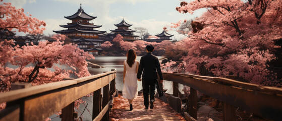 Travelers enjoying cherry blossoms in Japan - obrazy, fototapety, plakaty