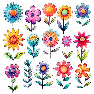 set of cartoon cute flowers sticker watercolor