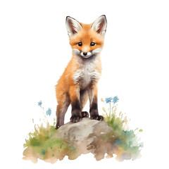 Obraz premium Watercolor painting of cute fox cub art