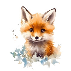 Watercolor painting of cute fox cub art