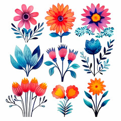 set of cartoon cute flowers sticker watercolor