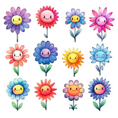 set of cartoon cute flowers sticker watercolor