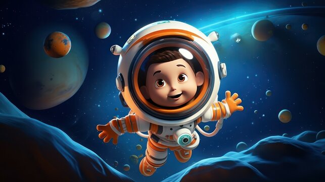 Children astronauts character 3D explore science in beautiful space