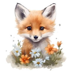 Obraz premium Watercolor painting of cute fox cub with flower art