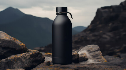 Drink bottles without plain labels, for product presentation purposes, on a mountain outdoor background.