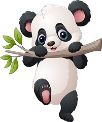 Cartoon panda hanging on tree branch - 671901616