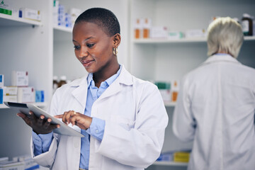 Black woman, tablet and pharmacist with checklist for stock of medicine, information and advice on drugs. Digital list, pharmacy and medical professional with online inventory for telehealth at shelf