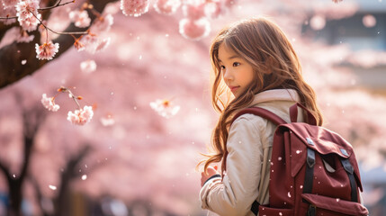 Young student under cherry blossoms, vibrant spring.