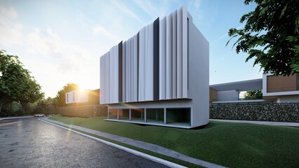 Fototapeta na wymiar Commercial building, Facade style 3D home model, Located in the heart of the community, next to the main road and interior decoration, modern style.