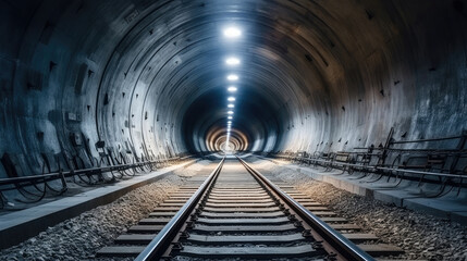 Railway tunnel construction site. Blurry straight circular concrete railway tunnel with lighting