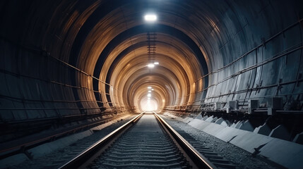 Railway tunnel construction site. Blurry straight circular concrete railway tunnel with lighting