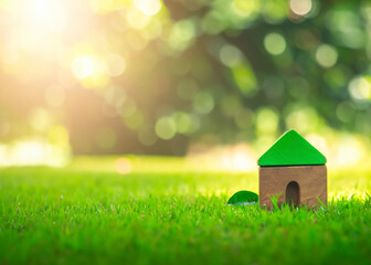 toy house model standing in green grass with a green leave, eco friendly concept, energy efficient solar powered housing