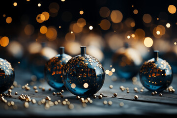 Close-Up of Blue and Gold Christmas Ornaments with Golden Bokeh Lights in the Background.