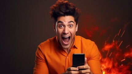 excited young man play games by mobile phone make winner gesture. male winning mobile gambling. Wow face expression. Esport streaming game online, surprise, gamer, online, earning, new generation - obrazy, fototapety, plakaty