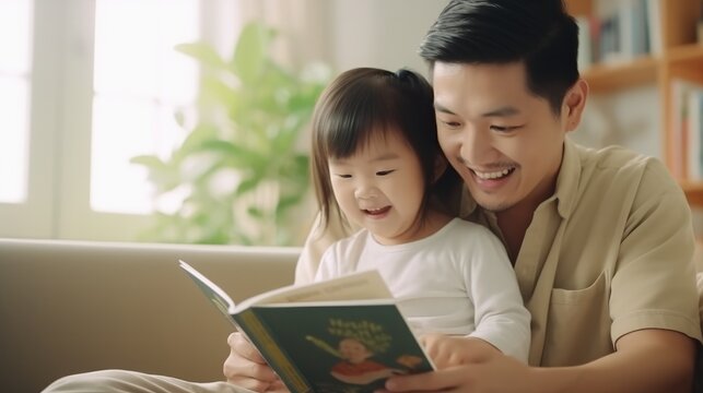 Happy father relax and read book with baby time together at home. parent sit on sofa with daughter and reading a story. learn development, childcare, laughing, education, storytelling, practice.