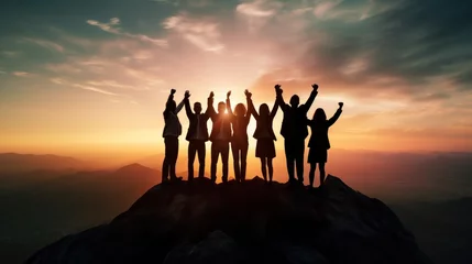 Fotobehang Silhouette of business team stand and feel happy on the most hight at stand on sunset, success, leader, teamwork, target, Aim, confident, achievement, goal, on plan, finish, generate by AI © pinkrabbit