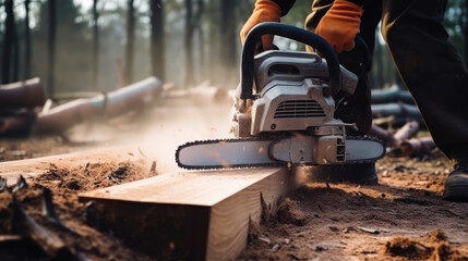 Worker using chainsaw for cutting the wood. Deforestation, forest cutting concept.