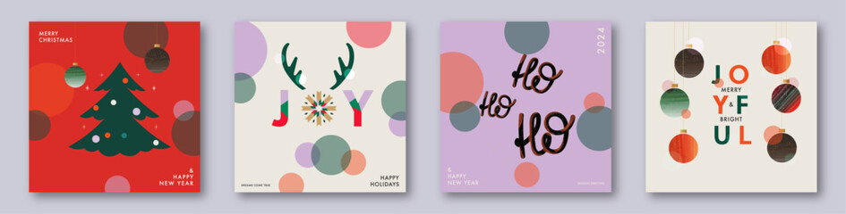 Set of Merry Christmas and Happy New Year greeting card. Trendy modern Xmas design with typography, colorful balls,Christmas tree and reindeer silhouette.Minimal poster, flyer, sale banner for website - obrazy, fototapety, plakaty