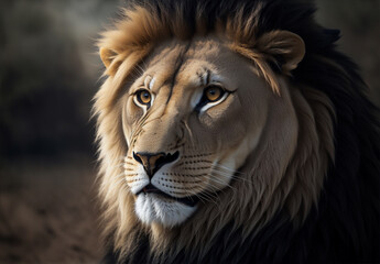 Wild lion looking straight ahead with dark background