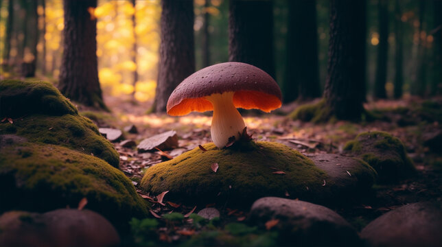 A mushroom alone in the depths of the woods