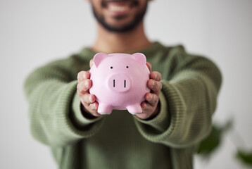 Finance, investment or hands of man with piggy bank for financial wealth growth or savings...