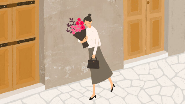 illustration of a woman carrying a bouquet of flowers walks along the cobblestones
