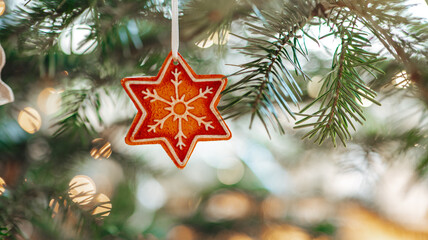 christmas star toy and shining bokeh garlands on a spruce branch. Decorating the Christmas tree . New Year holiday